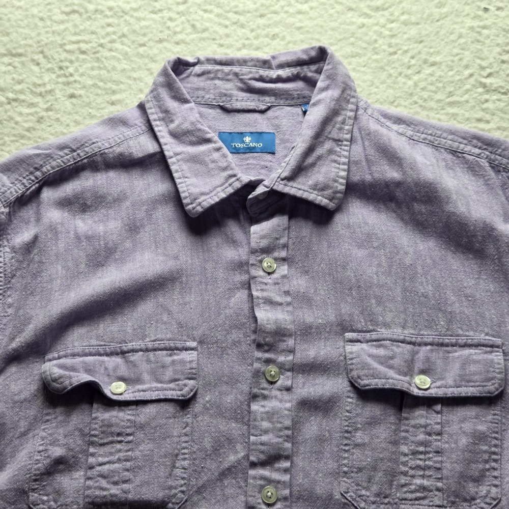 Toscano Shirt Mens XL Purple Solid Short Sleeve Linen Cotton Button-Up Casual